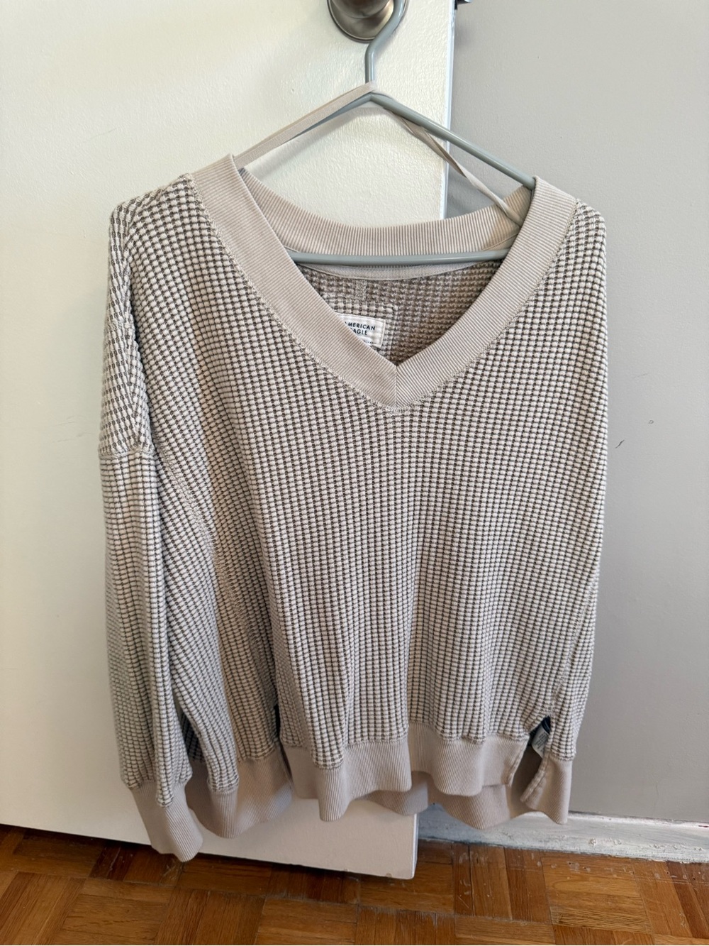 American Eagle Outfitters Beige Waffle V-Neck Sweater